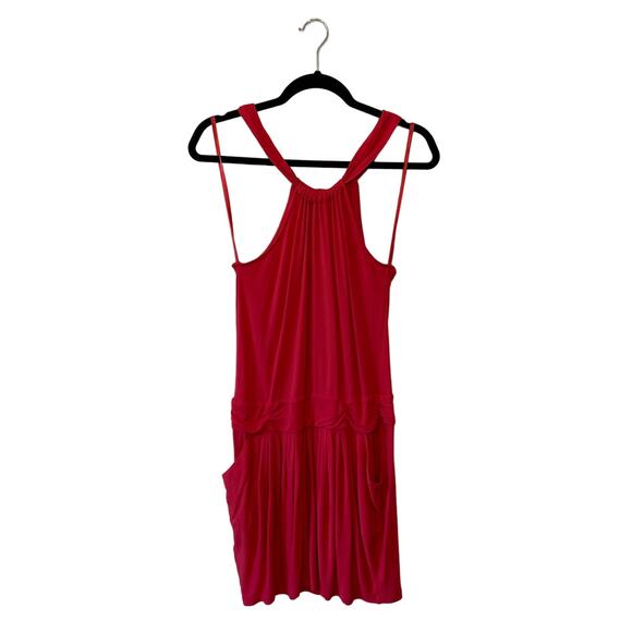 BCBGMaxazria M red Grecian halter dress pockets summer casual ruched beach ocean - Picture 1 of 7